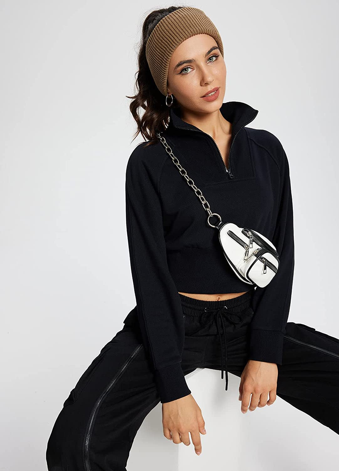 BALEAF Women's Half Zip Cropped Sweatshirt High Neck Long Sleeve Crop Pullover Athletic Ribbed Corset Hems Cozy - Image 5